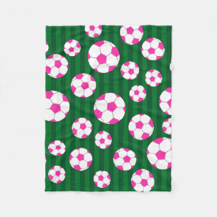 Pink soccer ball green stripes fleece blanket