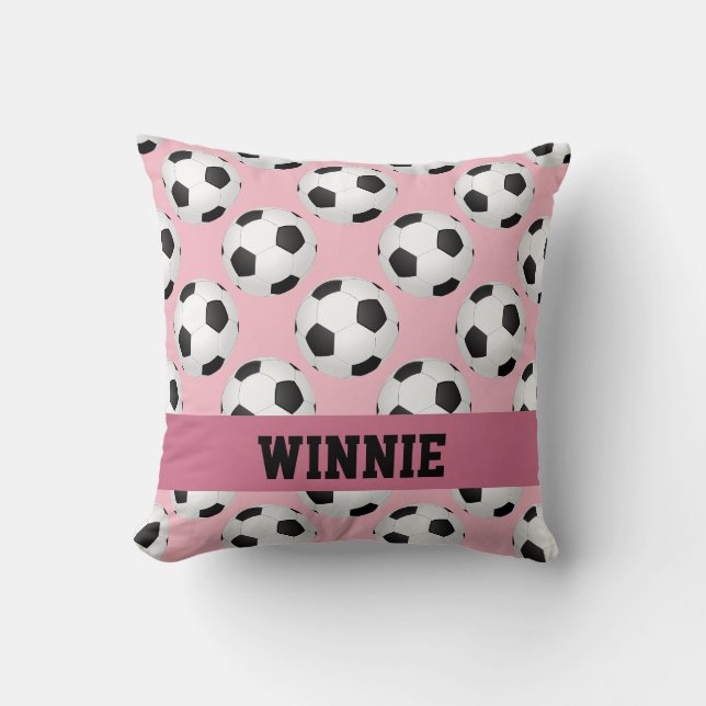 Pink Soccer Ball Pattern Sports Personalized Name Throw Pillow (Front)