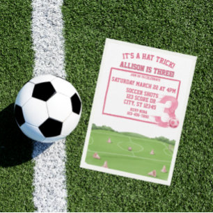 Pink Soccer Hat Trick, 3rd Birthday Invitation