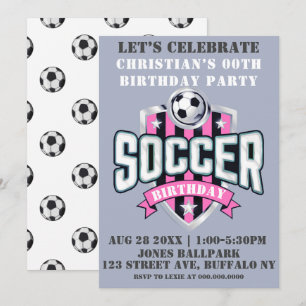 Pink Soccer Theme Birthday Party Invitations