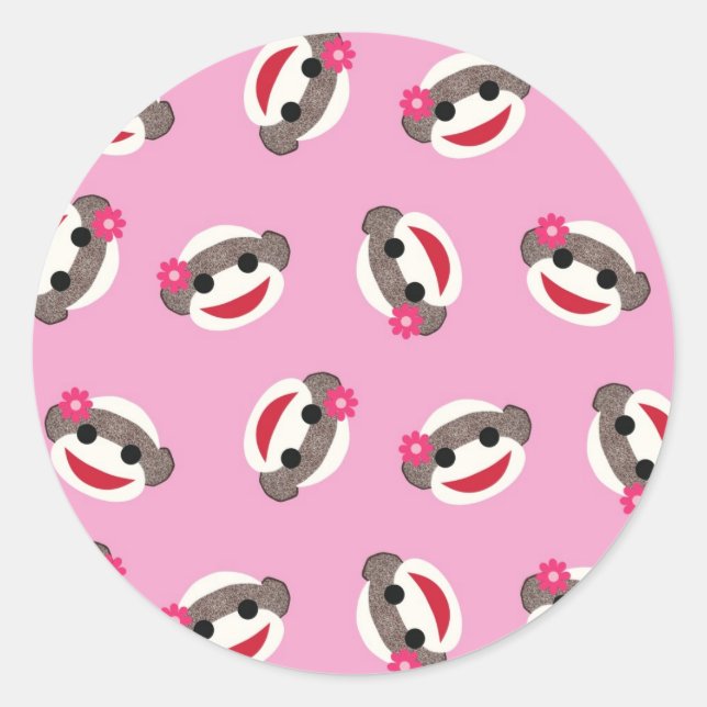 Pink Sock Monkey Classic Round Sticker (Front)