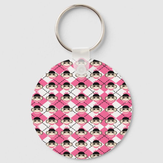 Pink Sock Monkeys on Pink White Argyle Diamond Keychain (Front)