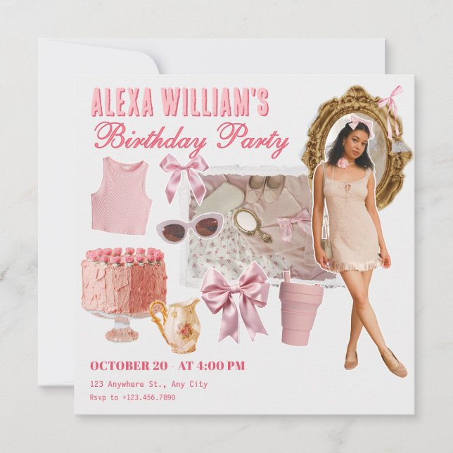Pink soft fashion collage photo birthday  invitation (Front)