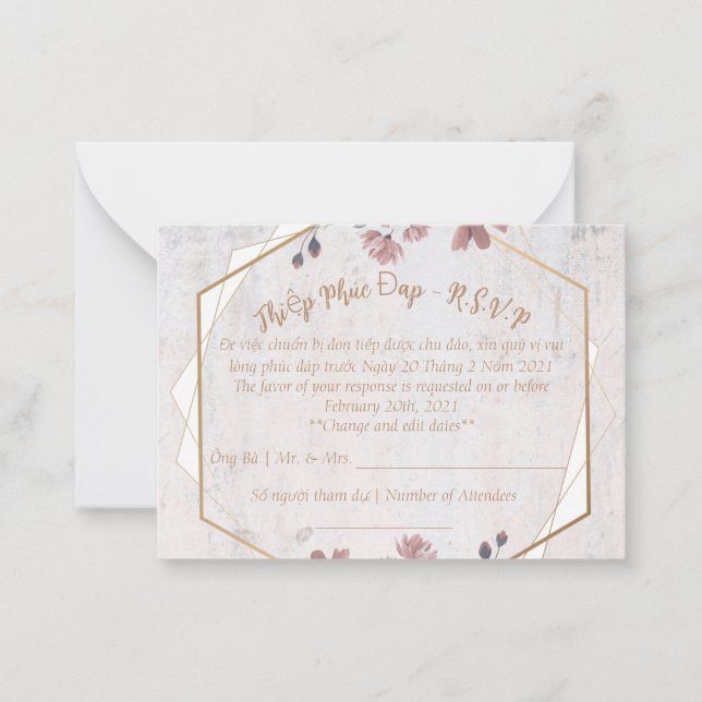 Pink soft floral wedding R.S.V.P card (Front)