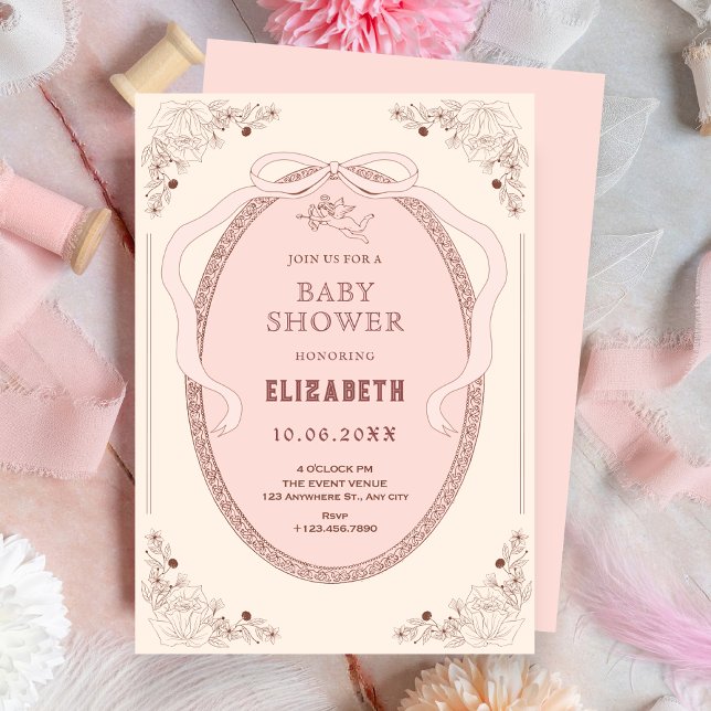 Pink soft vintage classic romantic baby shower invitation (Creator Uploaded)