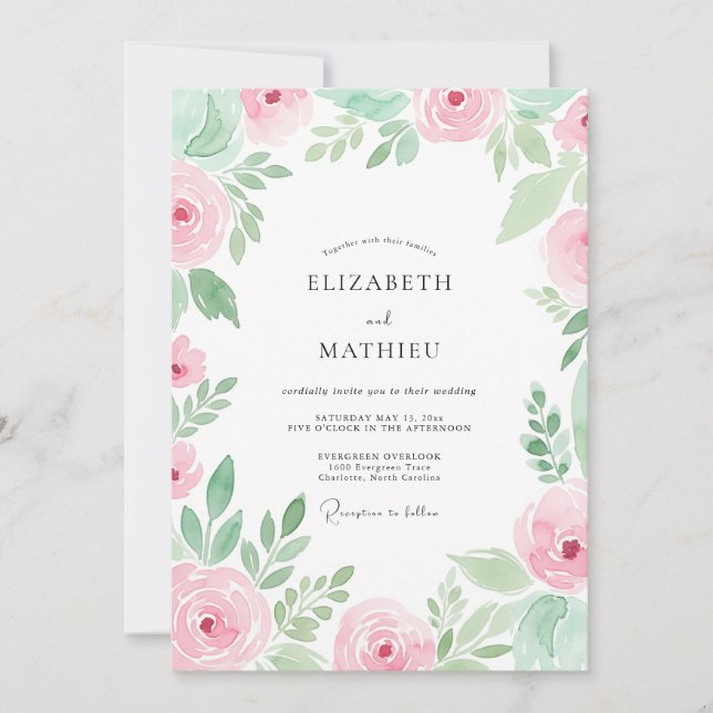 Pink Soft Watercolor Spring Wedding Invitation (Front)