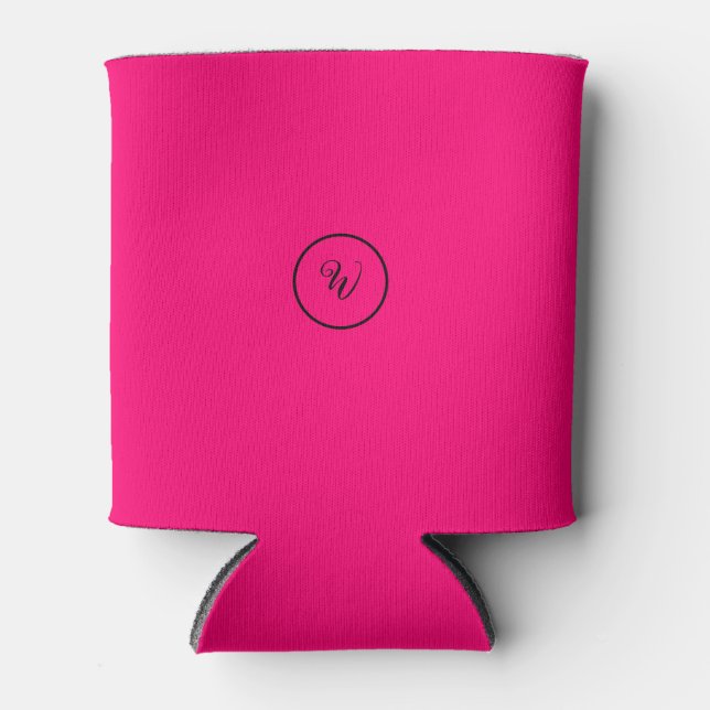 Pink solid colour neon monogram modern trendy  can cooler (Front)