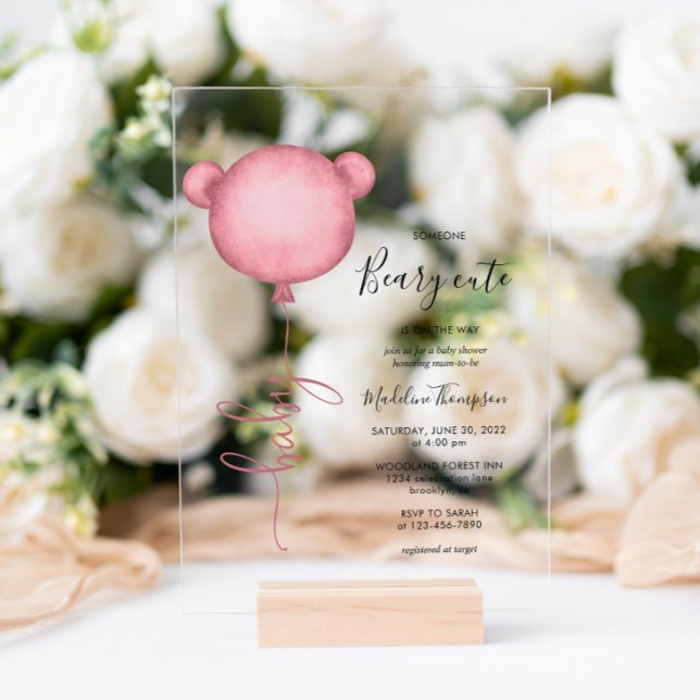Pink Someone Beary Cute Balloon Baby Shower Acrylic Invitations (Creator Uploaded)