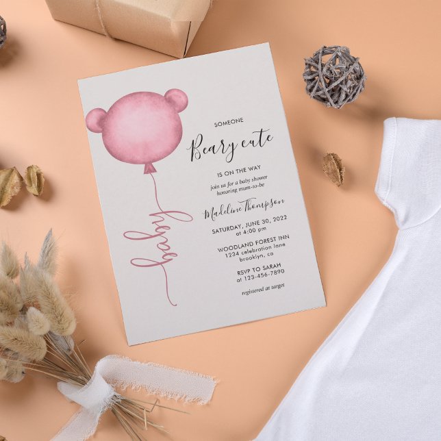 Pink Someone Beary Cute Balloon Baby Shower Invitation (Creator Uploaded)