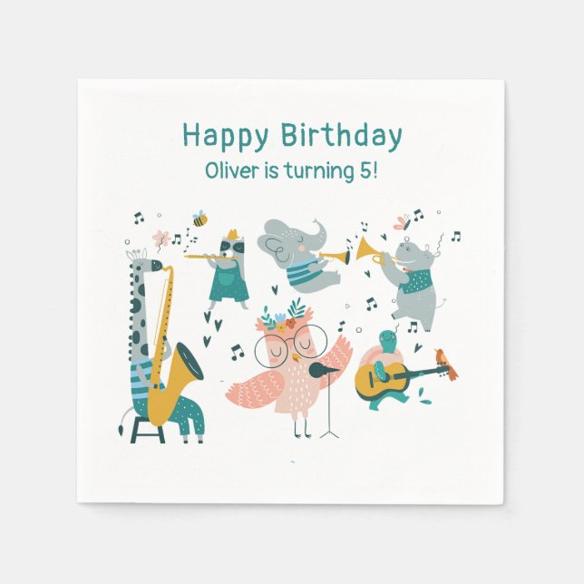 Pink Songbird with Animal Band Birthday Napkin (Front)