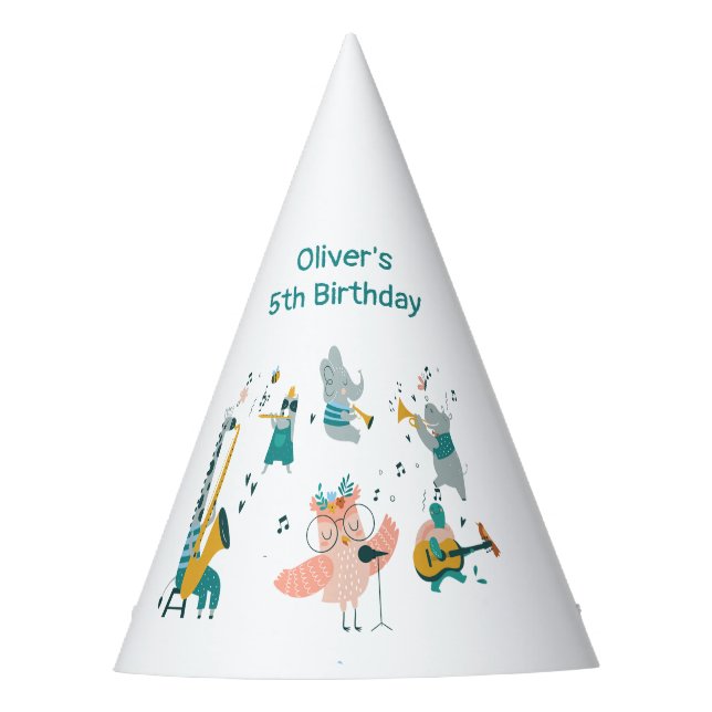 Pink Songbird with Animal Band Birthday Party Hat (Front)