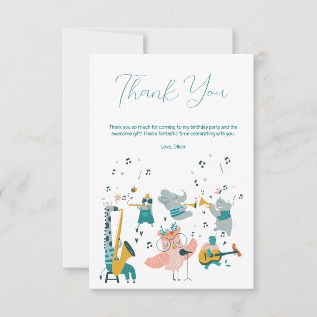 Pink Songbird with Animal Band Birthday Thank You Card (Front)