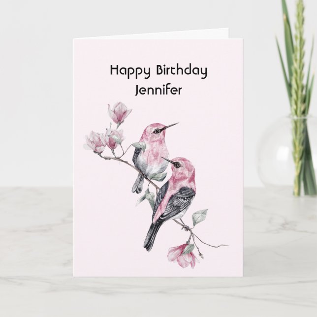 Pink Songbirds on a Tree Branch Birthday Card (Front)