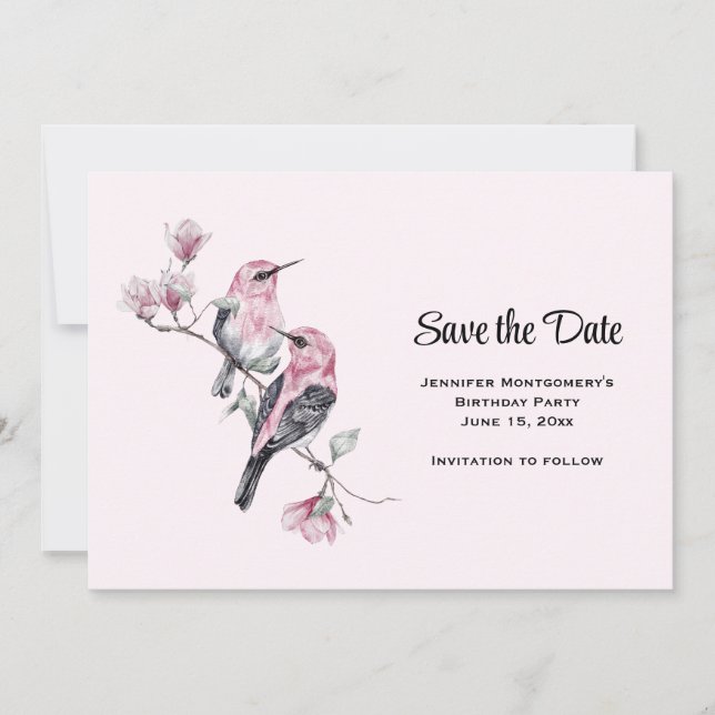 Pink Songbirds on a Tree Branch Save The Date (Front)