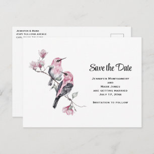 Pink Songbirds on a Tree Branch Save the Date Invitation Postcard