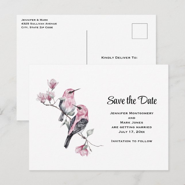 Pink Songbirds on a Tree Branch Save the Date Invitation Postcard (Front/Back)