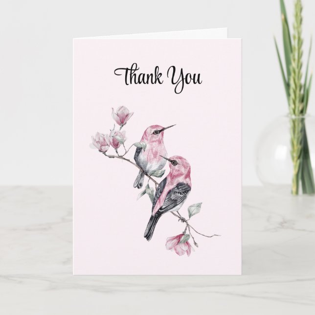 Pink Songbirds on a Tree Branch Thank You Card (Front)