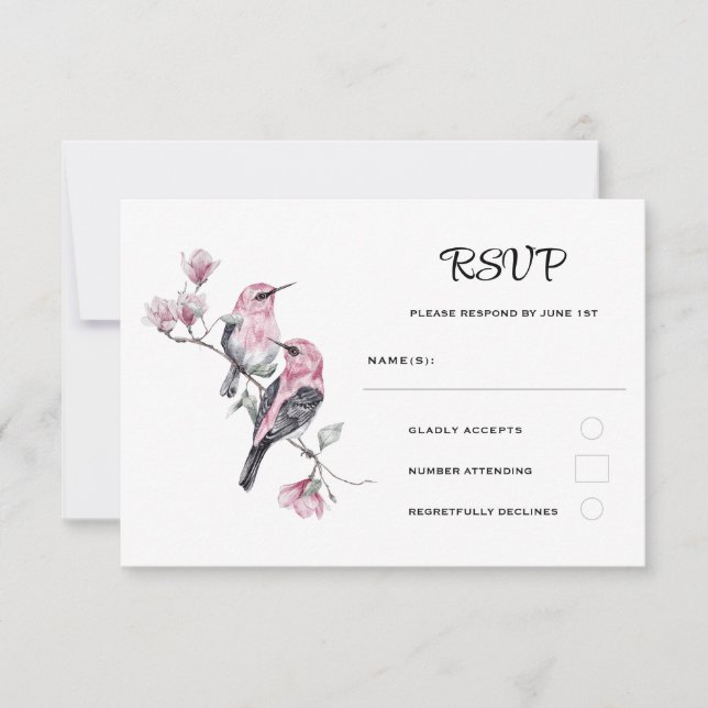 Pink Songbirds on a Tree Branch Wedding RSVP Card (Front)