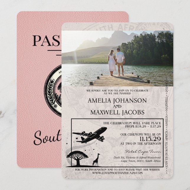Pink South Africa Passport Wedding Invitation (Front/Back)