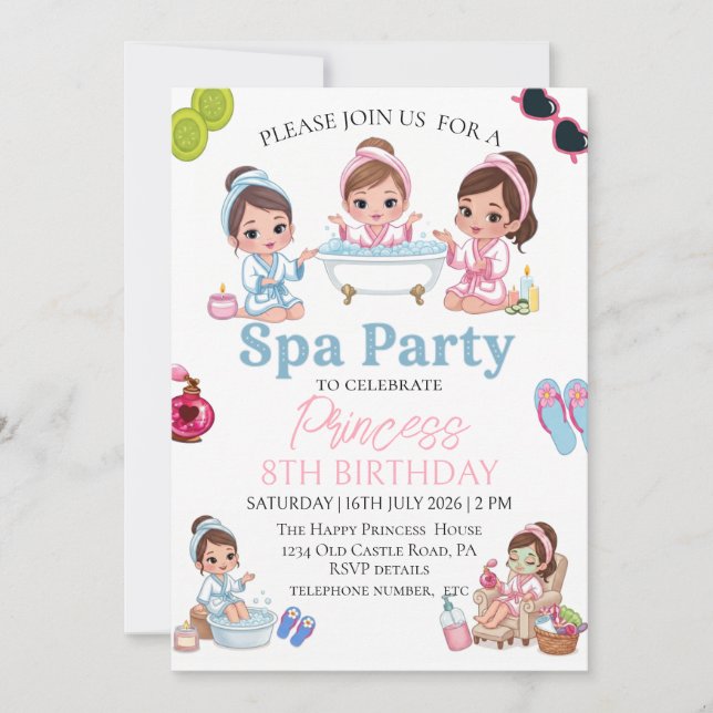 Pink Spa Party Girl 8th Birthday Invitation (Front)
