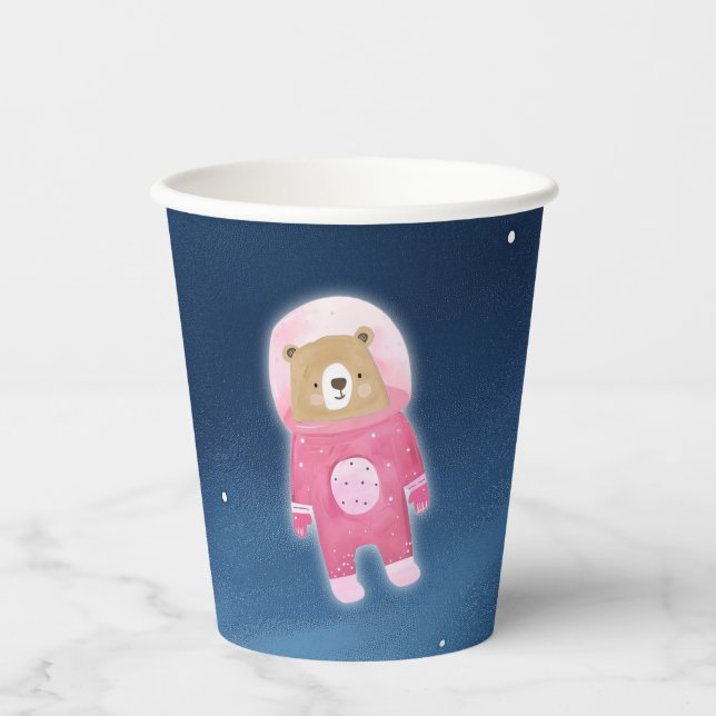 Pink Space Bear Astronaut Baby Shower Paper Cups (Front)