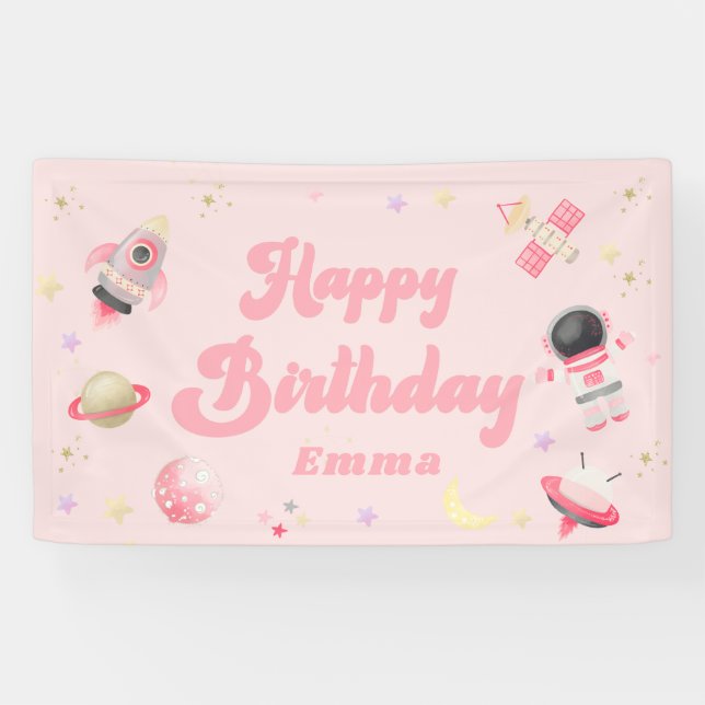 Pink Space Bonne Bannière d'anniversaire (Horizontal)