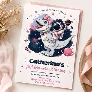 Pink Space Dinosaur First Birthday Girl Astronaut Invitation