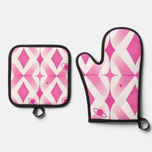 Pink Space Geometric Pattern Oven Mitt & Pot Holder Set (Front)