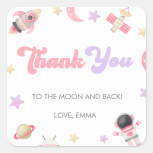 Pink Space Moon and Stars Birthday Thank You Squar Square Sticker