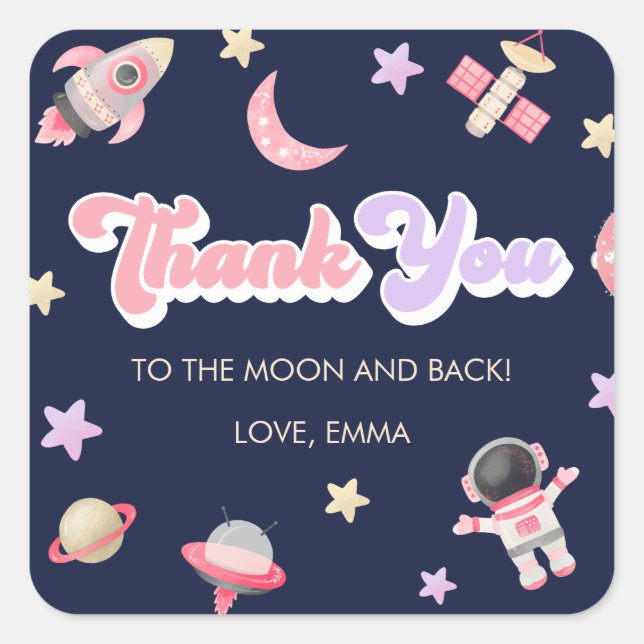 Pink Space Moon and Stars Birthday Thank You  Square Sticker (Front)
