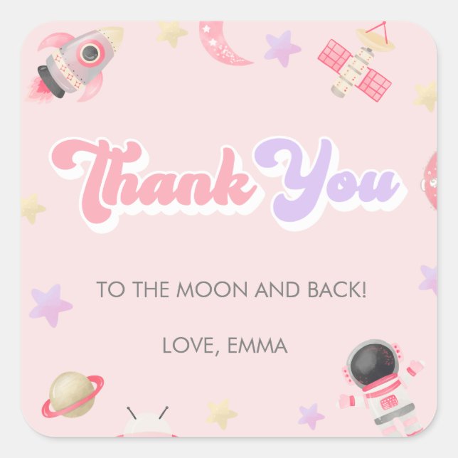 Pink Space Moon and Stars Birthday Thank You Square Sticker (Front)