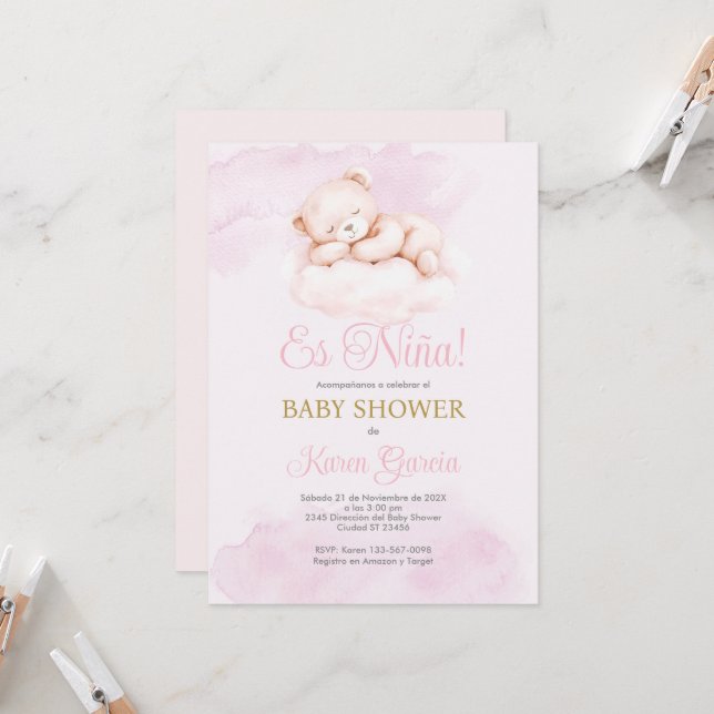 Pink Spanish Baby Shower Girl Invitation (Front/Back In Situ)
