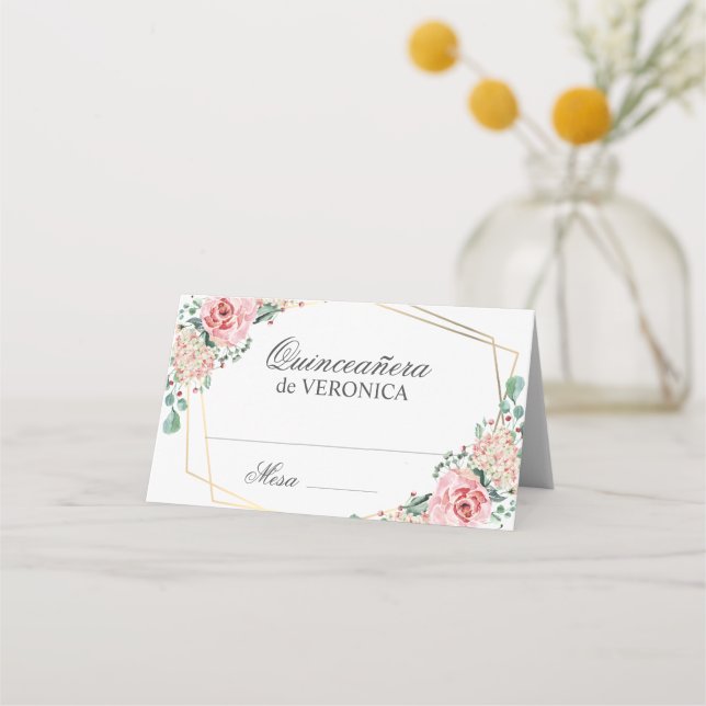 Pink Spanish Quinceañera Quince 15 Birthday Place Card (Front)