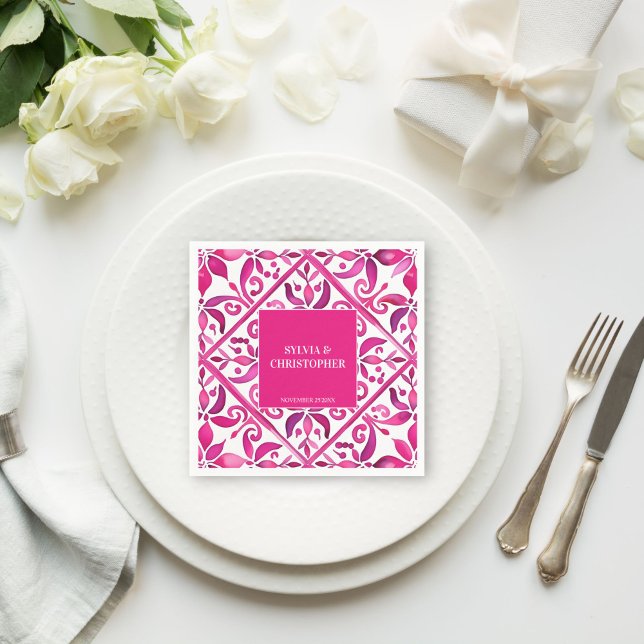 Pink Spanish talavera wedding monogram printed Napkin (Pink Spanish Mexican talavera Hacienda wedding monogram printed Napkins template personalized decor)