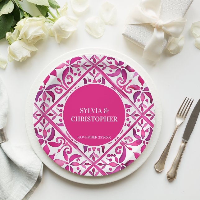 Pink Spanish talavera wedding monogram printed Paper Plate (Pink Spanish talavera Vintage Mexican Hacienda wedding monogram printed Paper Plates table decor)