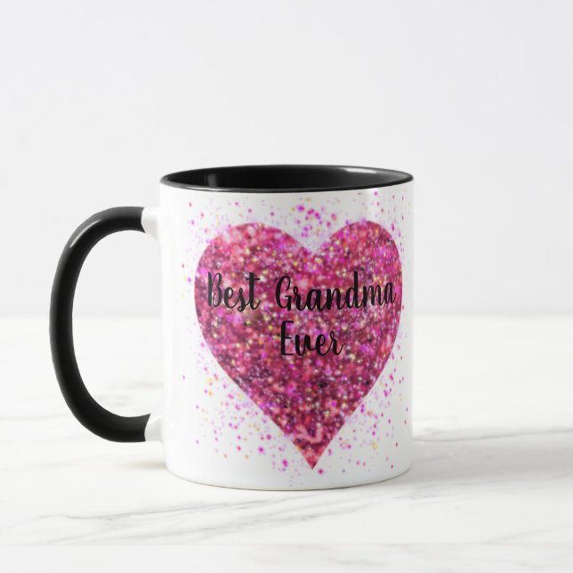 Pink sparking glitter heart best Grandma ever Mug (Left)