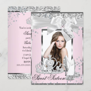Pink Sparkle Bow Tiara Photo Sweet 16 Invitation