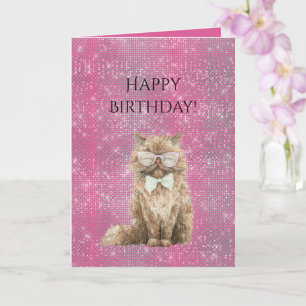 Pink Sparkle Brown Cool Cat Glasses Birthday Card