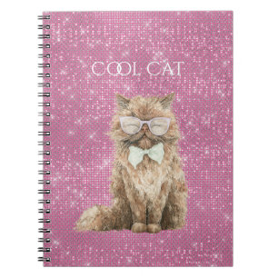 Pink Sparkle Brown Cool Cat Glasses Notebook