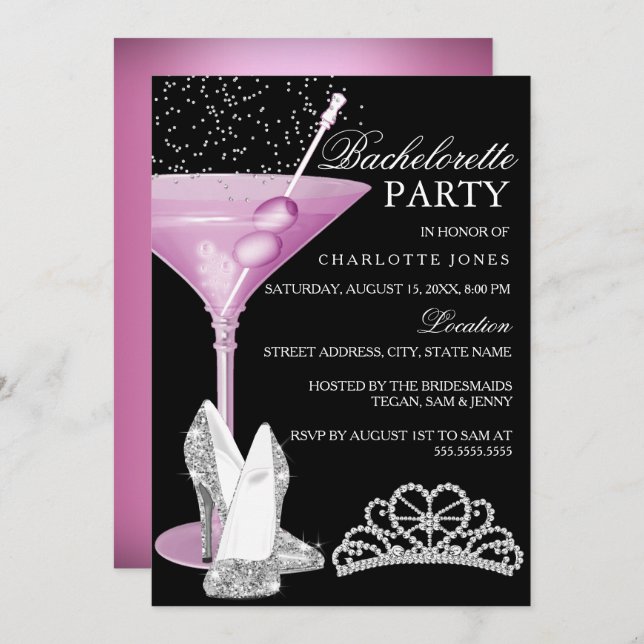 Pink Sparkle Cocktail Bachelorette Party Invitation (Front/Back)