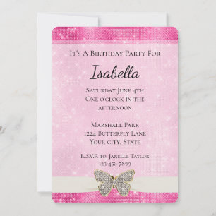 Pink Sparkle Diamond Butterfly Invitation