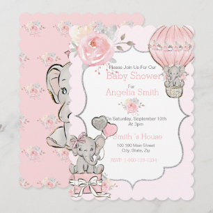 Pink Sparkle Elephant Baby Shower Flat Card