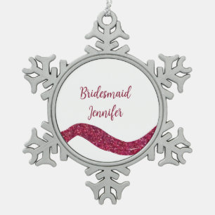 Pink sparkle glitter add bridesmaid name gift thro snowflake pewter christmas ornament