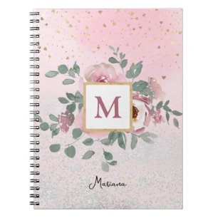 Pink Sparkle Glitter Monogram Girl Daily Diary Notebook