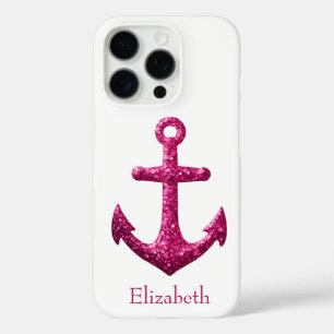 Pink Sparkle Glitter Nautical Sailing Anchor Name iPhone 16 Pro Case