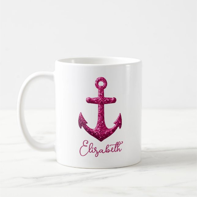 Pink Sparkle Glitter Nautical Sailing Anchor Name Coffee Mug (Left)