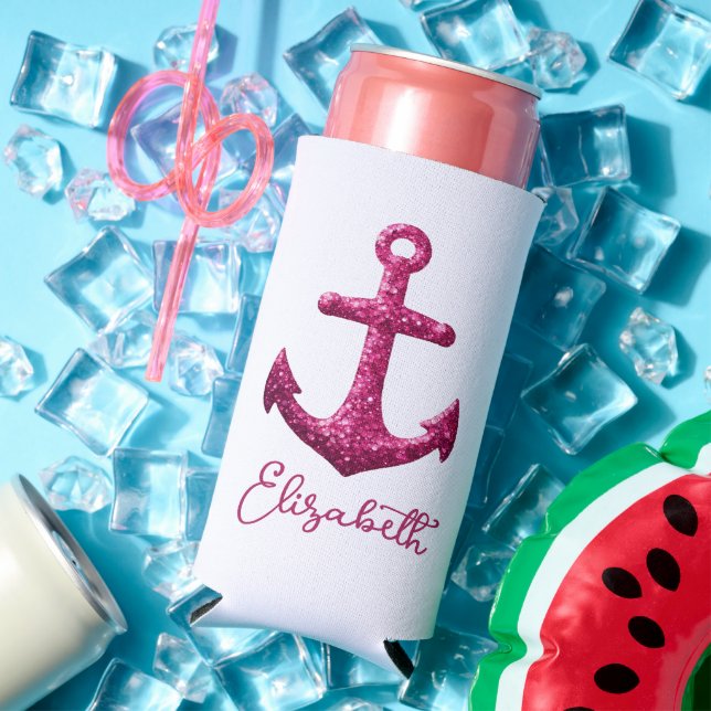 Pink Sparkle Glitter Nautical Sailing Anchor Name Seltzer Can Cooler (In Situ Summer)
