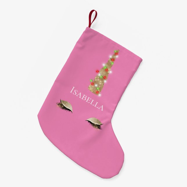 Pink Sparkle Gold Glam Unicorn Lights Small Christmas Stocking (Front (Hanging))