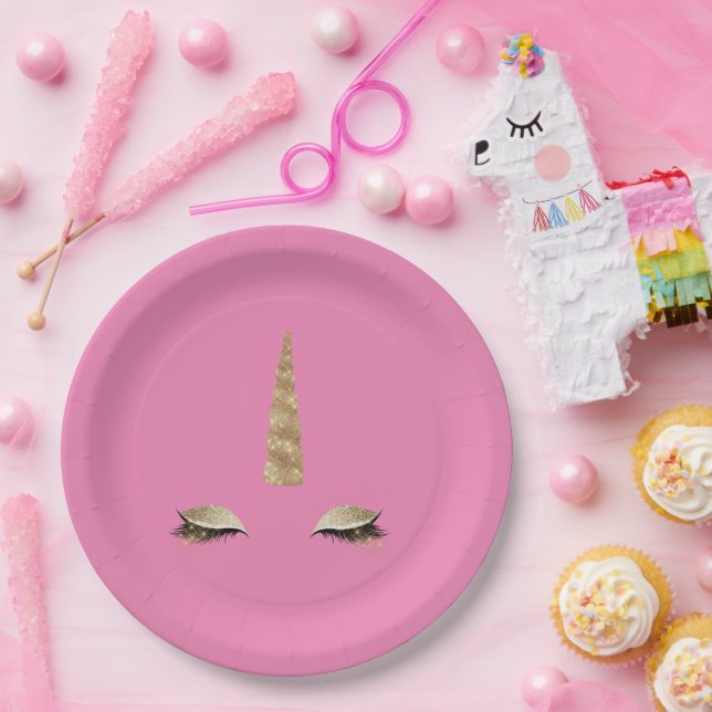 Pink Sparkle Gold Glam Unicorn Paper Plate (Party)
