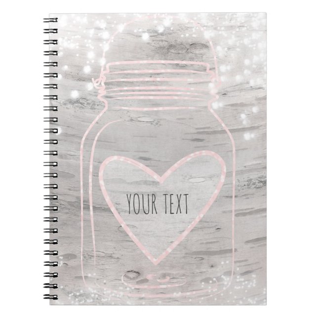 Pink Sparkle Heart Mason Jar & Lights Rustic Glam Notebook (Front)